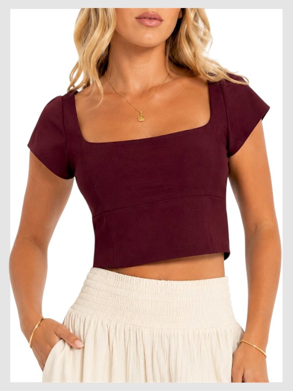 Meshki Ellis Corset Top Burgundy Square Neck Cap Sleeve S